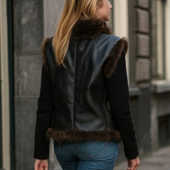 canadian Jackets & Blazers - Black 100% Leather Vest with Real Brown Fur Trim in L